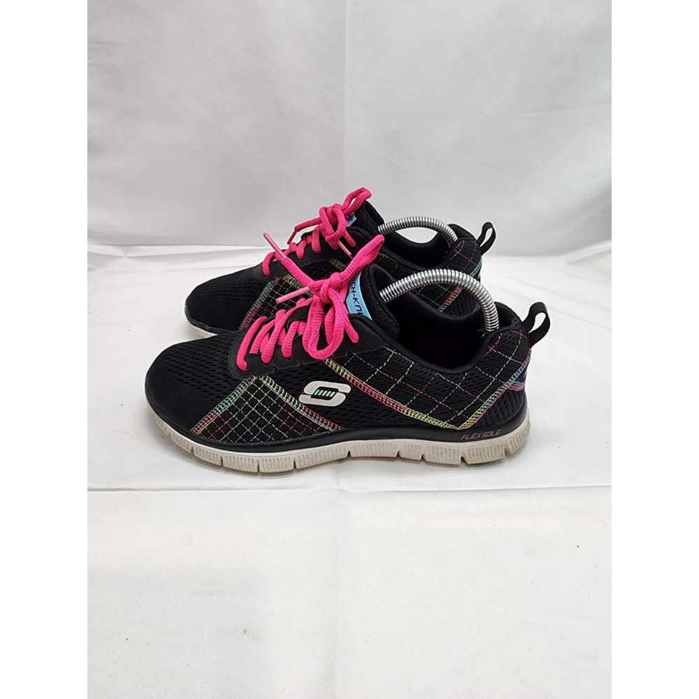 Skechers Flex Sole Memory Foam Sneakers Black Pink Rainbow Athletic Shoes Women - Picture 4 of 8